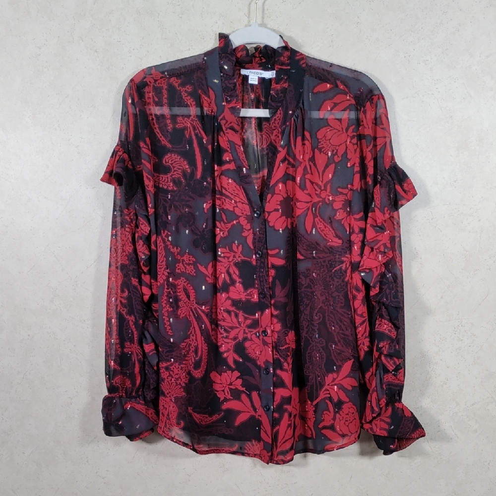 D195 Chico's red and black sheer floral blouse w/ruffles 2.5 14 FINAL PRICE